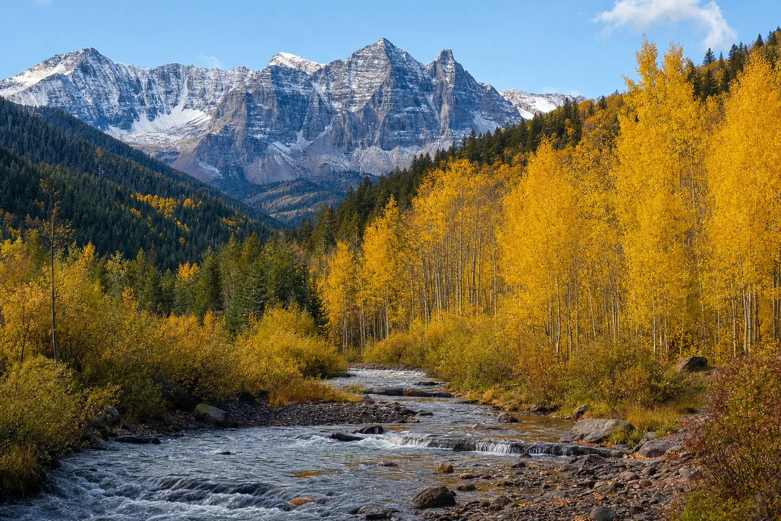 Aspen trees turning gold along a mountain stream in a Colorado valley, with a river flowing toward snow-capped peaks