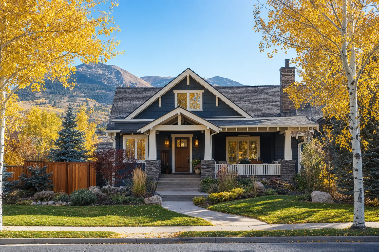 A navy-blue craftsman-style home with a welcoming front porch and mountain foothills in the background