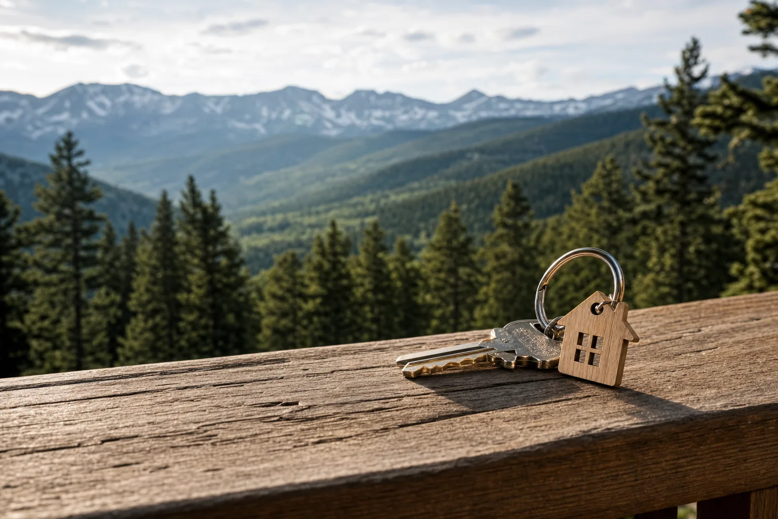 House keys resting on a porch railing with a mountain forest view