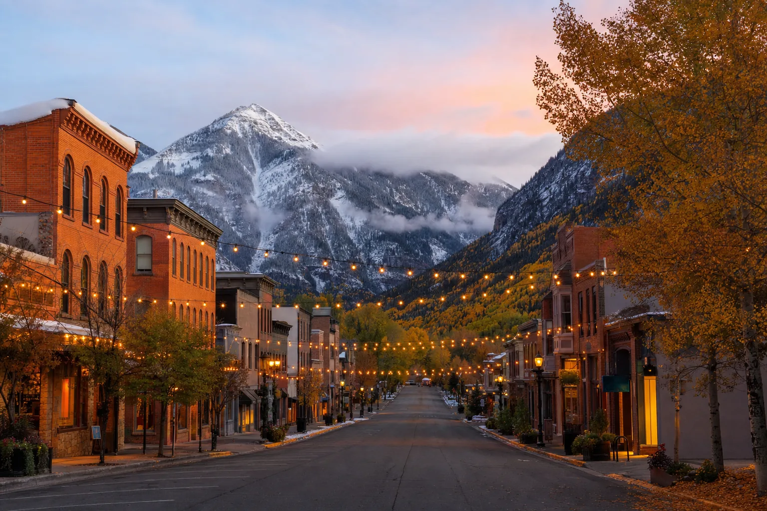 A Colorado mountain town street at dusk with warm lights and snow-capped peaks