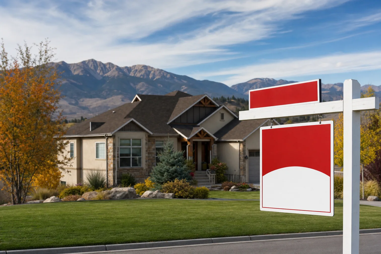 A sold sign in front of a Colorado home with mountain views and autumn trees